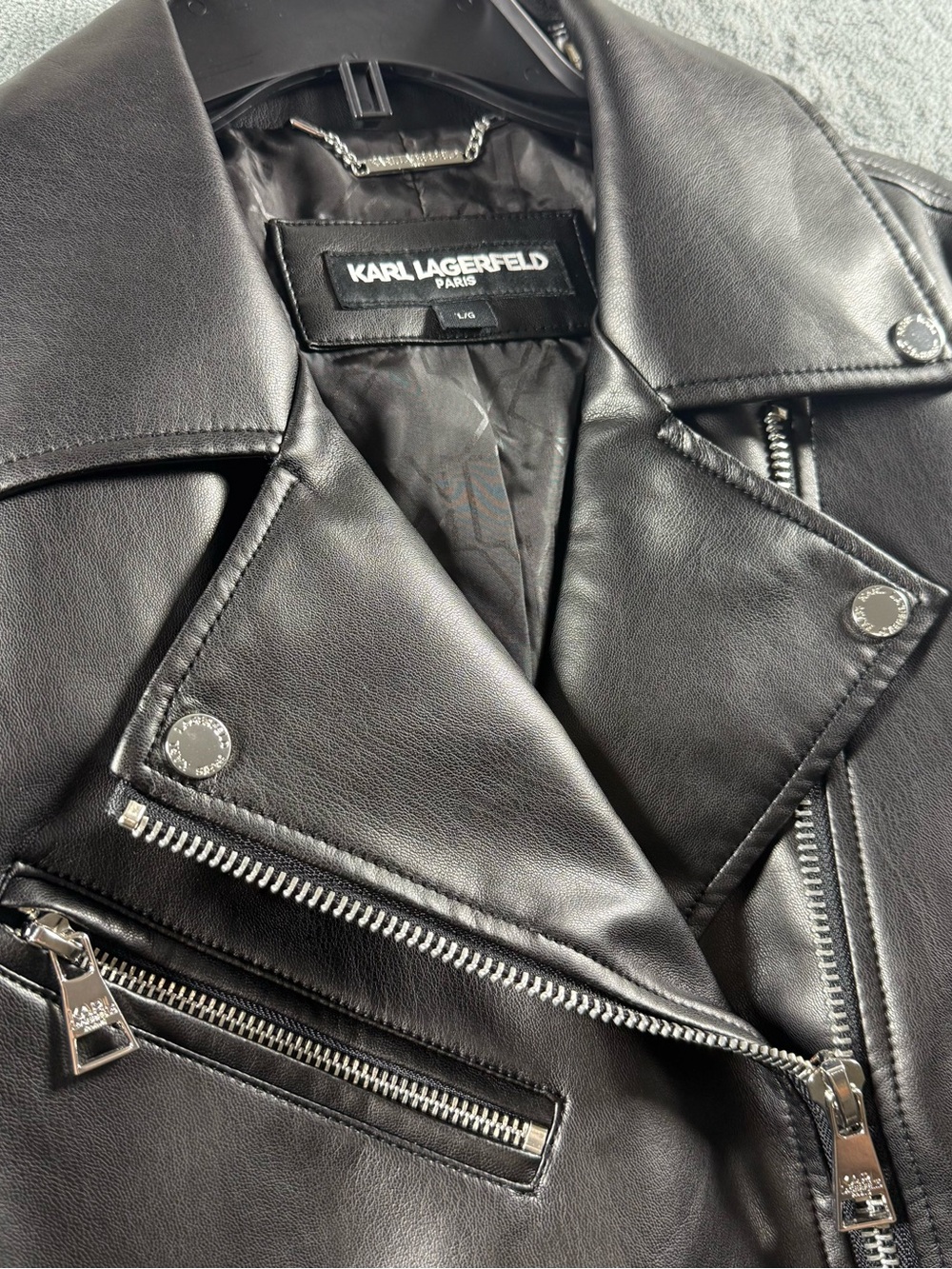 Karl Lagerfeld Paris Women’s Faux Leather Moto Biker Jacket Black Size L
